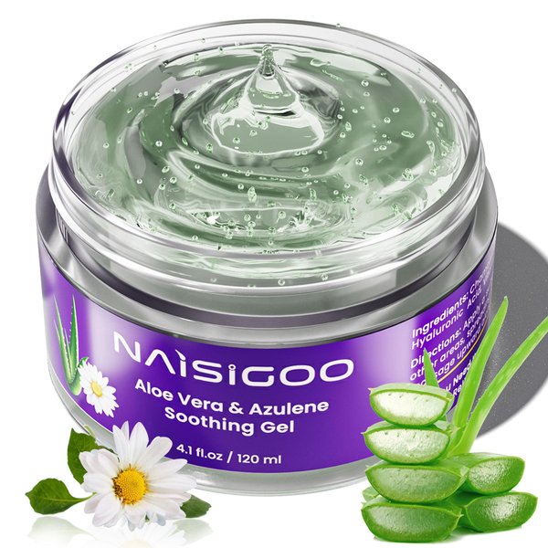 NAISIGOO Chamomile and Aloe Vera Gel for Face Body Soothing Aloe Vera Gel for Hair Aloe Vera Gel Organic Pure Aloe Vera Gel for Waxing Shaving IPL Laser Hair Removal Sunburn Relief (4.1 fl oz)