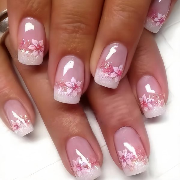 24Pcs French Tip Press on Nails Short Square Fake Nails Pink Flower Full Cover Tip Glue on Nails Design Nail Art Supplies Artificial Nude Pink False Nails Stick on Nails for Women Girls Acrylic Nails