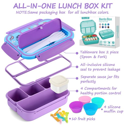 Sunhanny Bento Lunch Box for Kids - 4 Compartments, Sauce Container, Utensils, Food Picks and Muffin Cups, Purple Unicorn