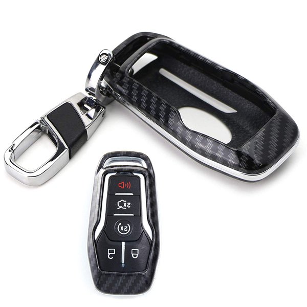 iJDMTOY Glossy Black Carbon Fiber Pattern Exact Fit Key Fob Shell w/Keychain Compatible with Ford/Lincoln 4/5-Button Intelligent Access Smart Key