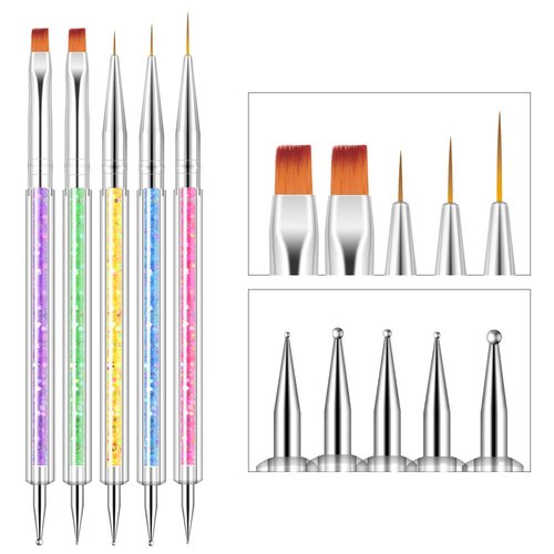 HIGHROCK Nail Art Liner Brushes Pens Dual-Ended Nail Art Point Drill Drawing Brush Pen Manicure Tool Nail Art Design Dotting Pen Tools (5PC)