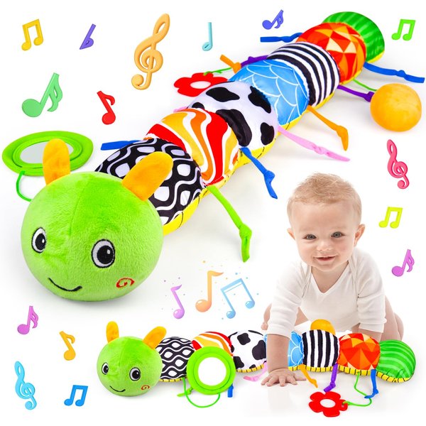 Vpkefla Infant Baby Toys 0 to 12 Months, Stuffed Animal Tummy Time Toys Sensory Toys with Crinkle, Rattles, Textures and Mirror Gifts for Newborn Boys Girls Toddlers, Caterpillar Musical Toys (Green)