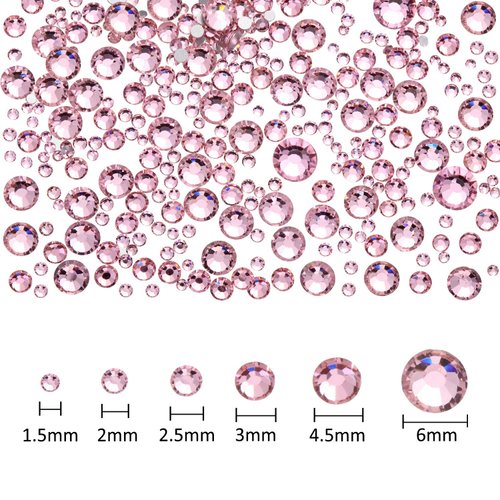 2000 Pieces Flat Back Gems Rhinestones 6 Sizes (1.5-6 Mm) Round Crystal Rhinestones with Pick up Tweezer and Rhinestones Picking Pen for Crafts Nail Clothes Shoes Bags DIY Art (Pink)