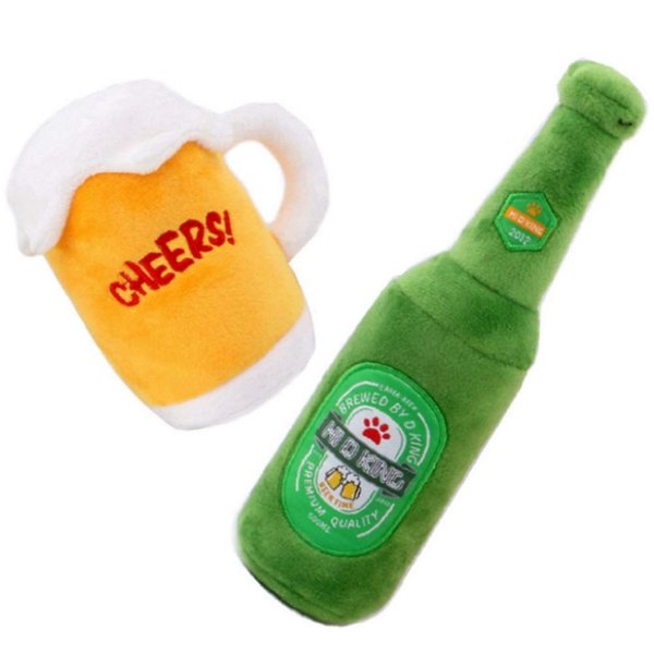 CheeseandU Dog Squeaky Plush Toys Set - Puppy Chew Toy -2 Pack Cute Stuffed Plush Beer Mug Bottle Toy for Puppy Small Medium Dogs Summer St.Patricks Day Toy Gift Set