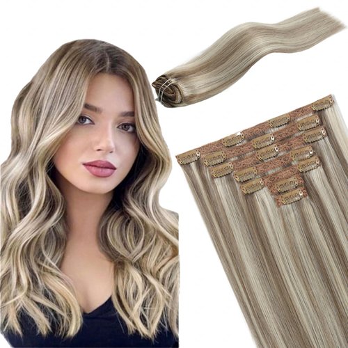 FUBILI Hair Extensions Clip Real Human Hair Ash Brown Highlights Platinum Blonde Remy Clip in Hair Extensions Lace Weft Clip In Extensions 120G 16inch 7Pcs