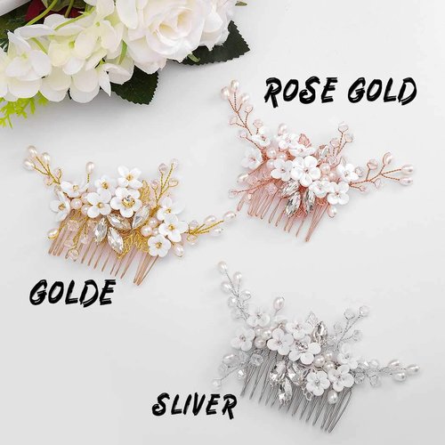 Campsis Wedding Bridal Hair Comb Rhinestone Pearl Hair Combs Flower Leaf Tiara Hair Accessory for Women Bride Brideamid Prom Party (Rose gold)