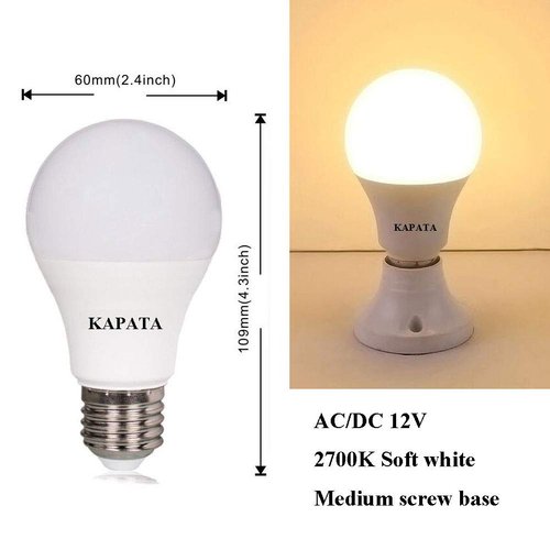 12V A19 LED Light Bulb Soft White 2700K 60 Watt Halogen Equivalent A19 Bulbs E26 Screw Base , for RV , Boat , Camping , Outdoor Solar Powered Lighting , Off Grid Lighting Application , 6-Pack