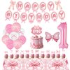 Pink Bow 1st Birthday Party Decorations, Baby Girl Party Supplies First Birthday Includes Banner,Tablecloth,Cake Cupcake Toppers,Number 1 Bow Balloon,Latex Balloons for Baby Shower One Year Old Party