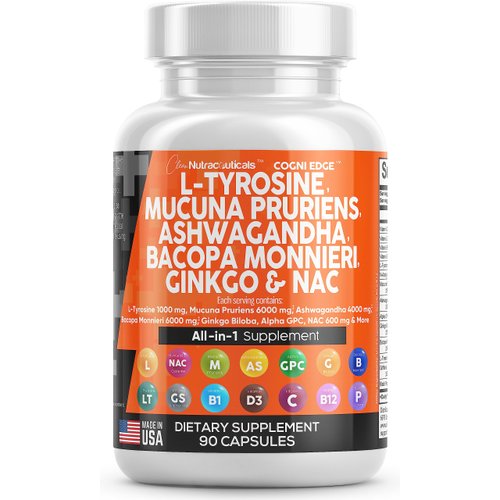 Clean Nutraceuticals L Tyrosine 1000mg Mucuna Pruriens 6000mg Bacopa Monnieri 500mg Ashwagandha 4000mg Focus Supplement w/N-Acetyl Cysteine 600mg NAC 5-HTP Ginkgo Biloba Alpha GPC Vitamin C D B1 B12