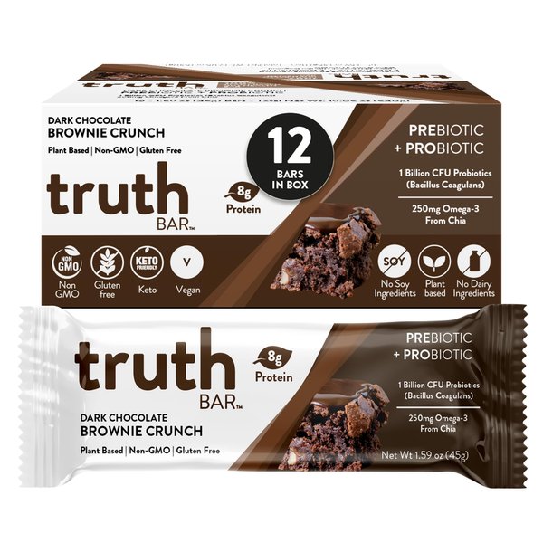 Truth Bar Prebiotic & Probiotic Keto Snack Vegan Bars with Omega-3's - Synbiotic High Fiber Snacks - Low Sugar, Kosher, Gluten Free - Dark Chocolate Brownie Crunch (Pack of 12)