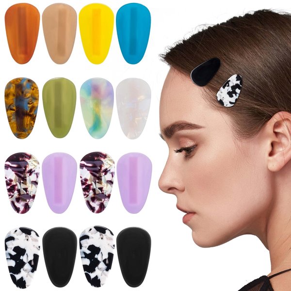 HINZIC 16pcs Teardrop No Bend Hair Clips Tiny Small No Crease Bangs Creaseless Hair Clips Flat Duckbill Acrylic Resin Barrettes for Women Girls Makeup Hairstyle Accessories