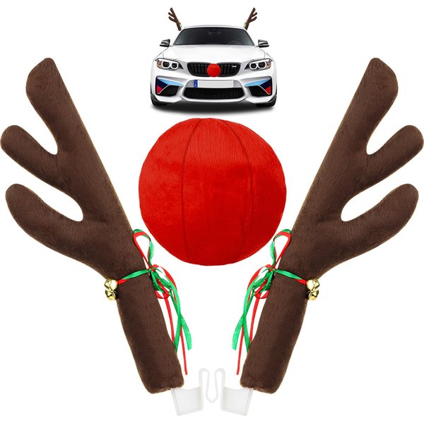 Narremcoy Christmas Reindeer Antler for Cars - Cute Car Rudolph Nose & Antlers Kit - Christmas Roofs Tops Decorations for SUV Van Truck - Auto Holiday Accessories