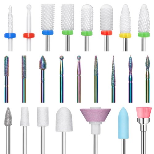 Modelones 24Pcs Nail Drill Bit Set, 3/32” Ceramic Diamond Carbide Nail Drill Bits, Acrylic Gel Nail Bit Kit, Cuticle Remover Bits for Acrylic Gel Dip Powder Nail Manicure Pedicure