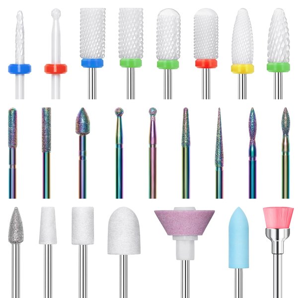 Modelones 24Pcs Nail Drill Bit Set, 3/32” Ceramic Diamond Carbide Nail Drill Bits, Acrylic Gel Nail Bit Kit, Cuticle Remover Bits for Acrylic Gel Dip Powder Nail Manicure Pedicure