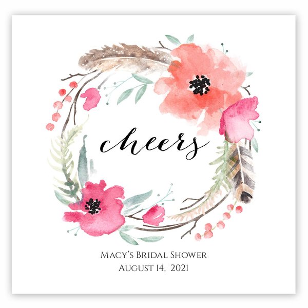 Boho Spirit Cheers Personalized Cocktail Napkins / 100 Custom Printed 3 Ply Paper Napkins / 4 3/4" x 4 3/4" Floral Feather Bridal Shower Party Beverage Napkins/Baby Shower Celebration Napkins