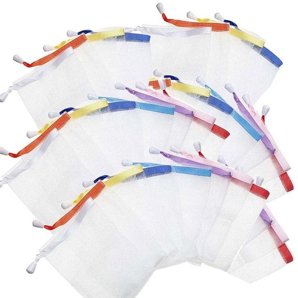 Pokinge 50 PCS Face Cleansing Tool Foaming Net Hand Soap Foaming Net Cleansing Soap Net Foam Net Bag Bath Products Colorful Ribbon