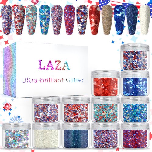 Laza Independence Day Nail Art Glitters 12 Colors Red Blue Silver Fine Powder Chunky Star Sequins Hexagon Confetti 4th of July Nail Decals Festival Polish Nail Art Supplies - Colorful Holiday