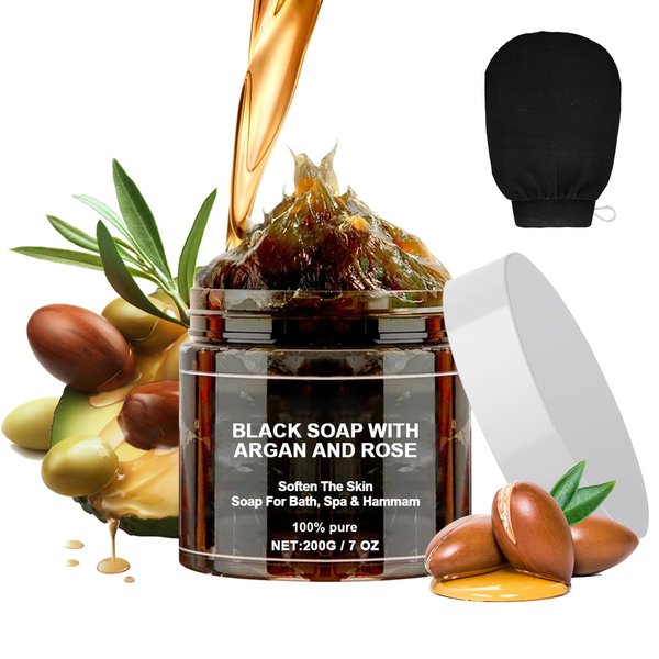 Morocco Black Soap With Argan and Rose, Black Soap, Zawina Morocco Black Beldi Soap, Morocco Body Scrub, Moroccan Black Soap with Glove