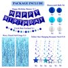 Birthday Decorations Sets-Teal Blue Wavy Tinsel Foil Fringe Curtains with Navy Blue Happy Birthday Banner,Star Hanging Swirls,Honeycomb Balls and Circle Paper Garland for Happy Birthday Decorations