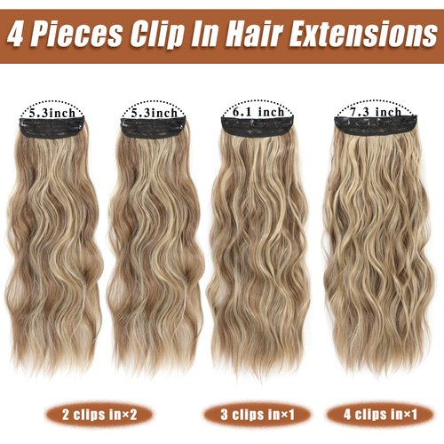 Dorsanee Clip in Hair Extensions 20 Inch 4pcs Ash Brown Mixed Ash Blonde Long Wavy Highlight Synthetic Hair Extensions Double Weft Hairpiece for Women