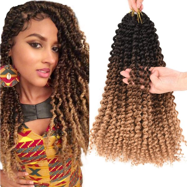 Passion Twist Water Wave Crochet Hair For Black Women Ombre Water Wave Braiding Hair Long Bohemian Curly Crochet Braids Synthetic Hair Extensions 6 Packs (14inch, Black-dark brown-light brown)