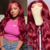 99j Burgundy Lace Front Wigs Human Hair Body Wave 13x4 HD Glueless lace Frontal Wigs Human Hair Pre Plucked hair Bleached Knots 180% Density wigs for women Wine Red Colored Brazilian virgin 24inch