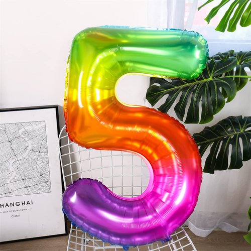 Number Balloon | Number 5 Balloon for 5th Rainbow Birthday Decorations | Giant Multicolor Mylar 5 Balloon Number - 40 Inch | Big Foil Colorful 5 Birthday Balloon for Anniversary Party Supplies Favors