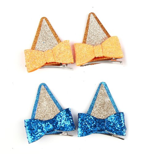 GUGUMO 4 Pcs Bluey Ears Hair Clips, Glitter Hair Barrettes with Bows, Blue Hair Pin Accessories for Halloween Costume Birthday Decorations Theme Party Supplies Cosplay (Blue & Orange)