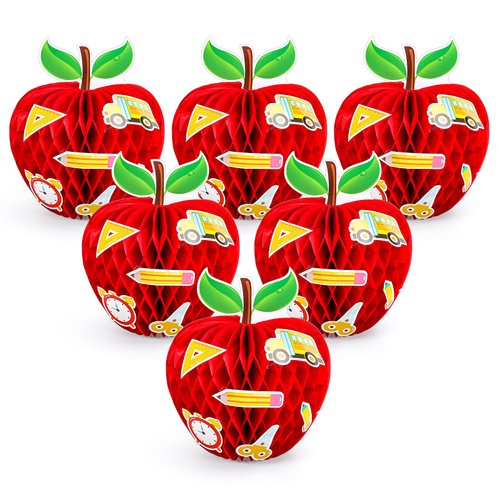 Whaline 6Pcs Back to School Honeycomb Centerpieces with Pencil Ruler Palette Pattern Stickers Red Apple Shape Honeycomb Table Decorations for First Day of School Classroom Party Supplies
