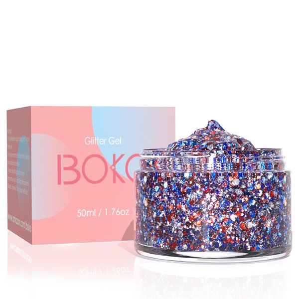 Boko 50ML Body Glitter Gel, Red White Blue Chunky Glitter Gel for Face Hair Body Makeup, Cosmetic Patriotic Glitter for Flag Party 4 of July Independence Day Olympic Rave Accessories - Patrio Sky