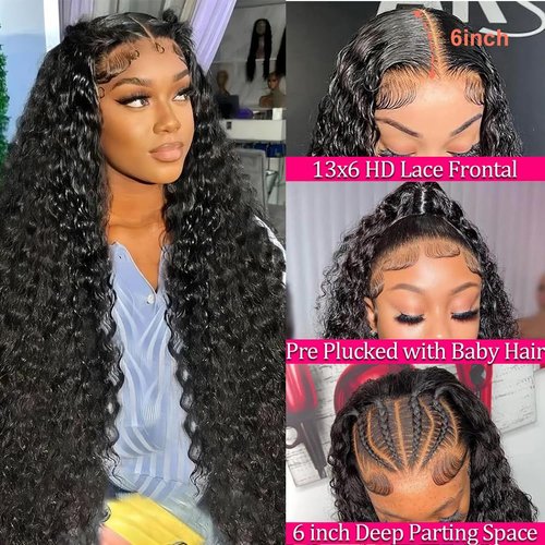 13x6 Deep Wave Lace Front Wigs Human Hair 200 Density 13x6 HD Transparent Lace Front Wigs Human Hair Pre Plucked with Baby Hair Deep Curly Glueless Wigs Human Hair for Women Natural Color 26 Inch