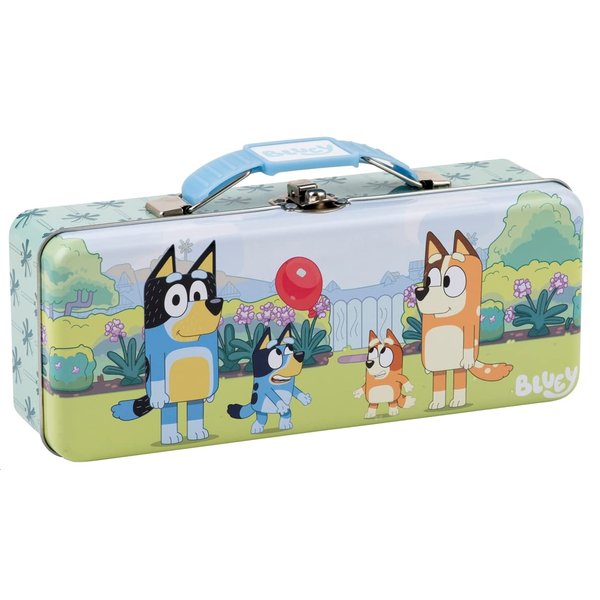 The Tin Box Company Bluey Pencil Box with Handle Clasp & Hinge, Model: 479407-12, Pencil Box with Handle, 8-3/8 x 3-3/8 x 2-1/4"D with hinge and clasp