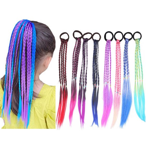 8 Pieces Multicolor Braids Hair Extensions Accessories with Rubber Bands Rainbow Hairstyle Ponytails Braided Synthetic Hairpieces for Women Girls Kids