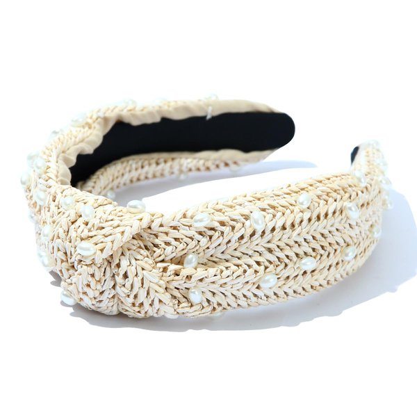 FEDANS Pearly Rattan Headband for Women Light Khaki Straw Headbands Fashion Weave Spring Headband Summer Hair Accessories