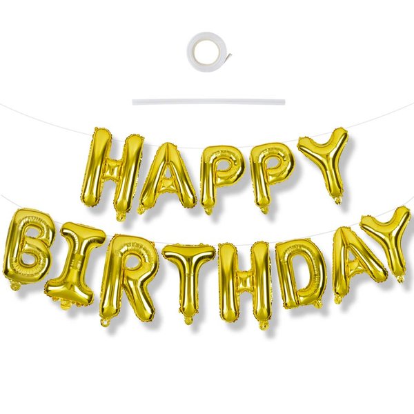 TONIFUL 3D Gold Happy Birthday Balloons Banner with Ribbon Straw, 16 Inch Mylar Foil Letters Birthday Sign Banner Balloon Bunting Reusable for Girls Boys Kids & Adults Birthday Halloween Supplies