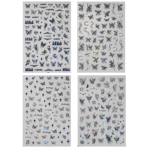 4 Sheets Holographic Laser Black Butterfly Nail Stickers,Y2K Luxury Aurora Butterflies Star Nail Art Stickers 3D Sun Moon Flame Heart Nail Decals for Women Nail Decor Nail Designs Nail Accessories