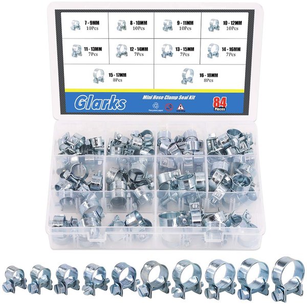 Glarks 84Pcs 10 Size Mini Fuel Injection Style Hose Clamp Assortment Kit for Diesel Petrol Pipe