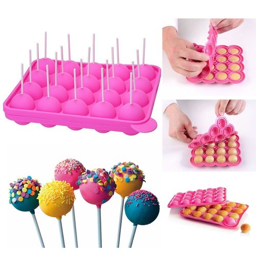 CCINEE 20 Cavity Silicone Cake Pop Mold with 30 pcs of Clear Cellophane Treat Bags 20 pcs Lollipop Sticks and 30 pcs Twist Ties in 6 Colors for Cake Pop Making and Packing