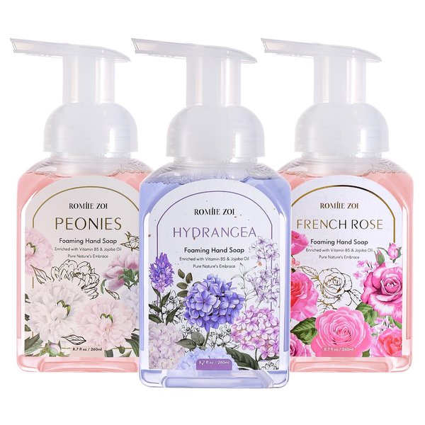 ROMIIE ZOI Mini Foaming Hand Soap - Pack of 3 - Peony, Hydrangea, French Rose - 260 ML/ 8.7 FL. OZ Each