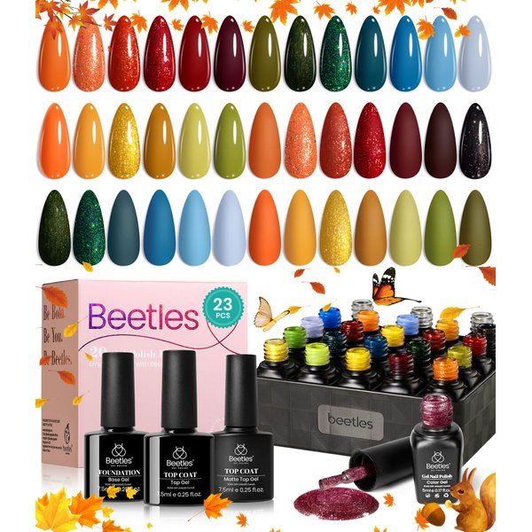 Beetles Fall Gel Nail Polish Set 20 Colors Nail Gel Polish Blue Red Brown Black Yellow Orange Green Gel Nail Polish Kit with Glossy Matte Gel Top Base Coat Soak Off Uv Gel Nail Lamp Gift for Women