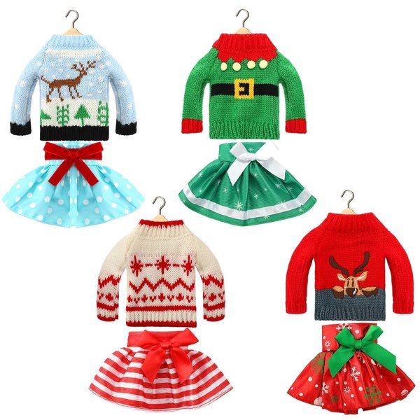 JANYUN 8 Pcs Christmas Doll Clothes, Christmas Elf Doll Sweater and Skirts Winter Knitted Clothing with Elk Snowflake for Doll Holiday Xmas Gift