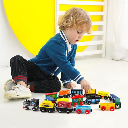 Wondertoys 16 Piece Magnetic Wooden Train Set for Toddlers - Includes Storage Bag and Track Accessories