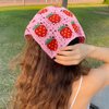 2Pcs Handmade Crochet Bandana Head Kerchief Hair Scarf Knitted Scarves Tie Bcak Floral Head wrap for Women Girls Floral Crochet Hair Bandana Strawberry Mushroom (pink+beige)