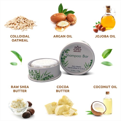 Relaxcation Organic Unscented SOLID Shampoo Bar for Damaged Hair with Shea Butter, Colloidal Oatmeal, Coconut Oil, Cocoa Butter, Jojoba Oil, Argan Oil for Normal and Sensitive Skin - Handmade in USA