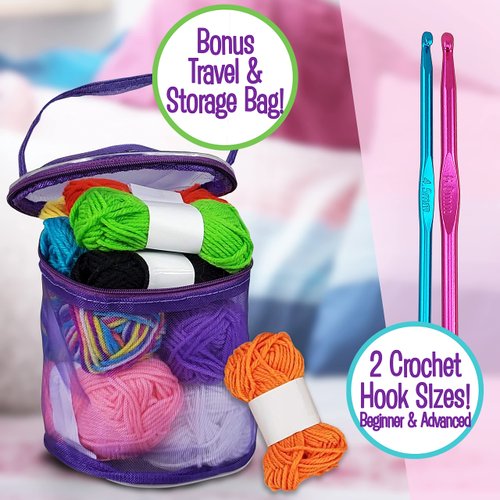 DIY All in One Crochet Knitting Kit for Beginners Starter Arts & Craft Set for Kids Teens Tweens & Adults – How to Learn Make Your Own Yarn Pom Poms – Birthday Gift for Kids Ages 8+