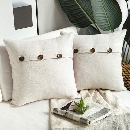 Phantoscope Farmhouse Throw Pillow Covers Triple Button Vintage Linen Solid Decorative Pillow Cover for Couch Bed and Chair Off White, 18 x 18 inches 45 x 45 cm, Pack of 2