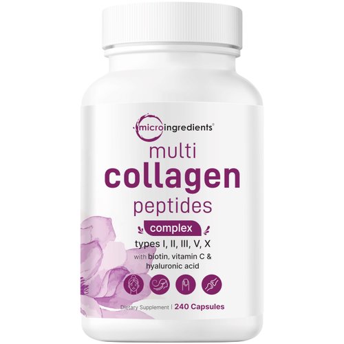 Micro Ingredients Multi Collagen Pills for Women & Men, 240 Capsules | Type I, II, III, V, X - Hydrolyzed Collagen Peptides with Biotin, Hyaluronic Acid & Vitamin C | Hair, Skin, Nail & Joint Support
