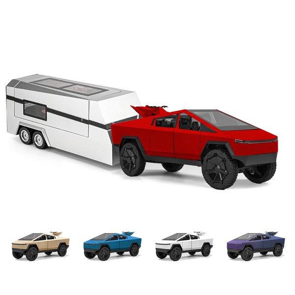 1/32 Tesla cybertruck Toy car 3-in-1 Travel Cybertruck RV Set with Metal Pickup, Removable Camper & Off-Road Motorcycle Cyberquad Cool Sound & Light Effects,Christmas Birthday Gift (Red)