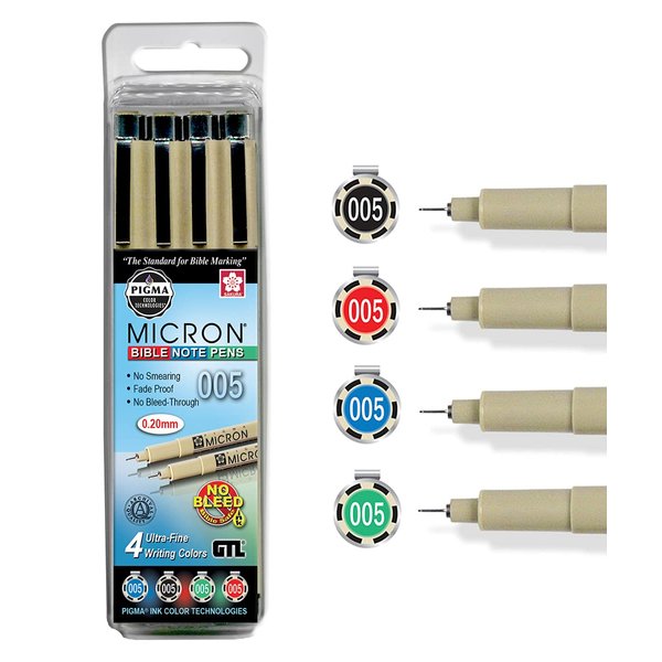 G.T. Luscombe Company, Inc. Pigma Micron 005 Ultra Fine Point Bible Note Pen Kit | No Bleed Pigmented Ink | Bible Safe | No Smearing or Fading | Black, Blue, Green, Red (Set of 4) | New Packaging |