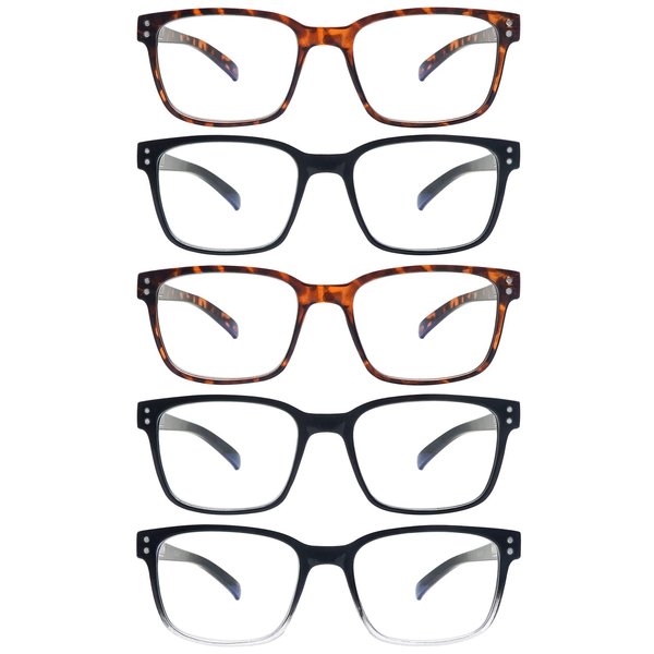 SIGVAN Blue Light Blocking Reading Glasses for Men Women Computer Spring Hinge Readers Square Frame Glasses 5 Packs (5 Mix, 3.0)